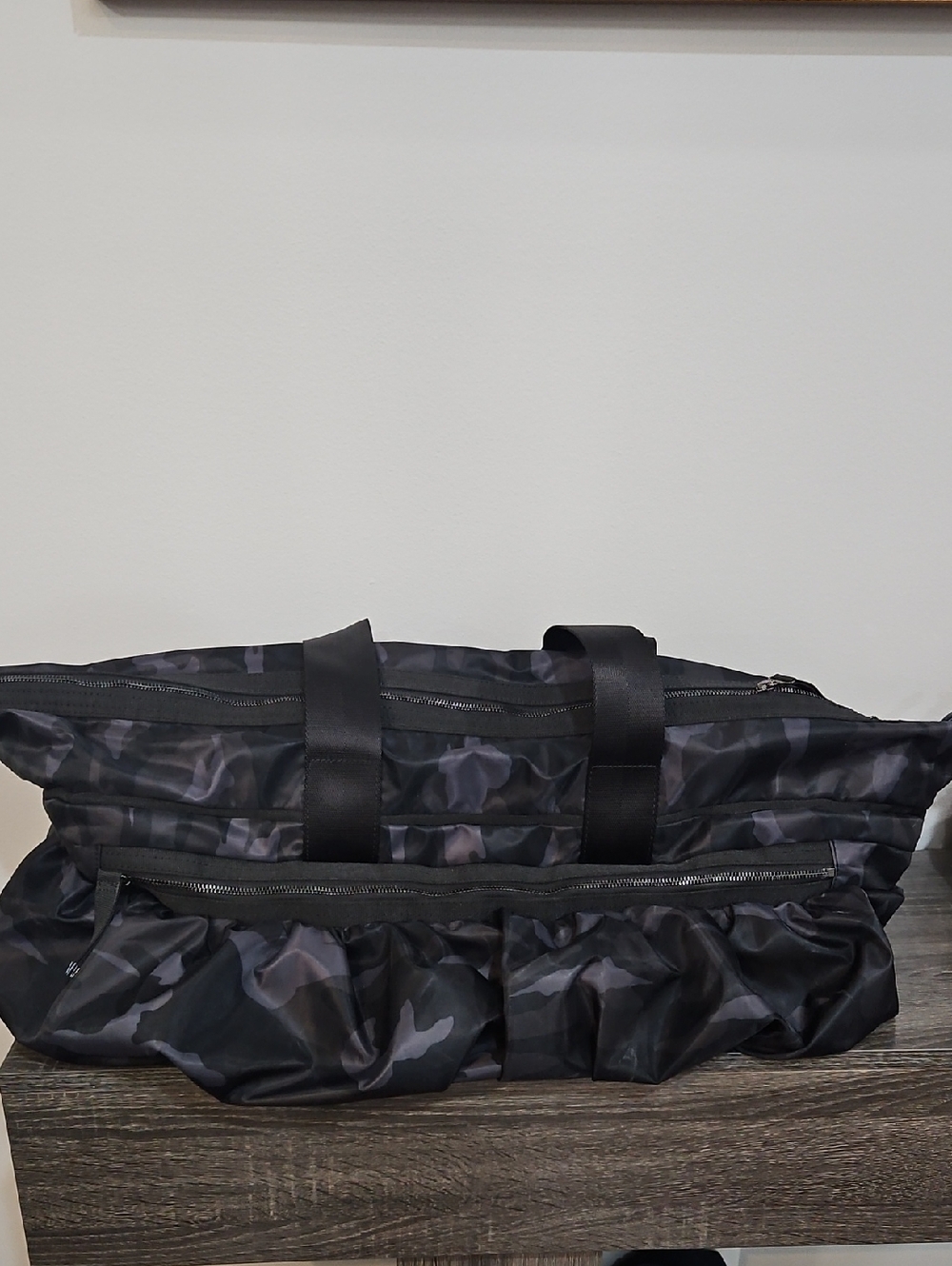 Large Athleta Black Camo Duffel with Front Zip Pocket
